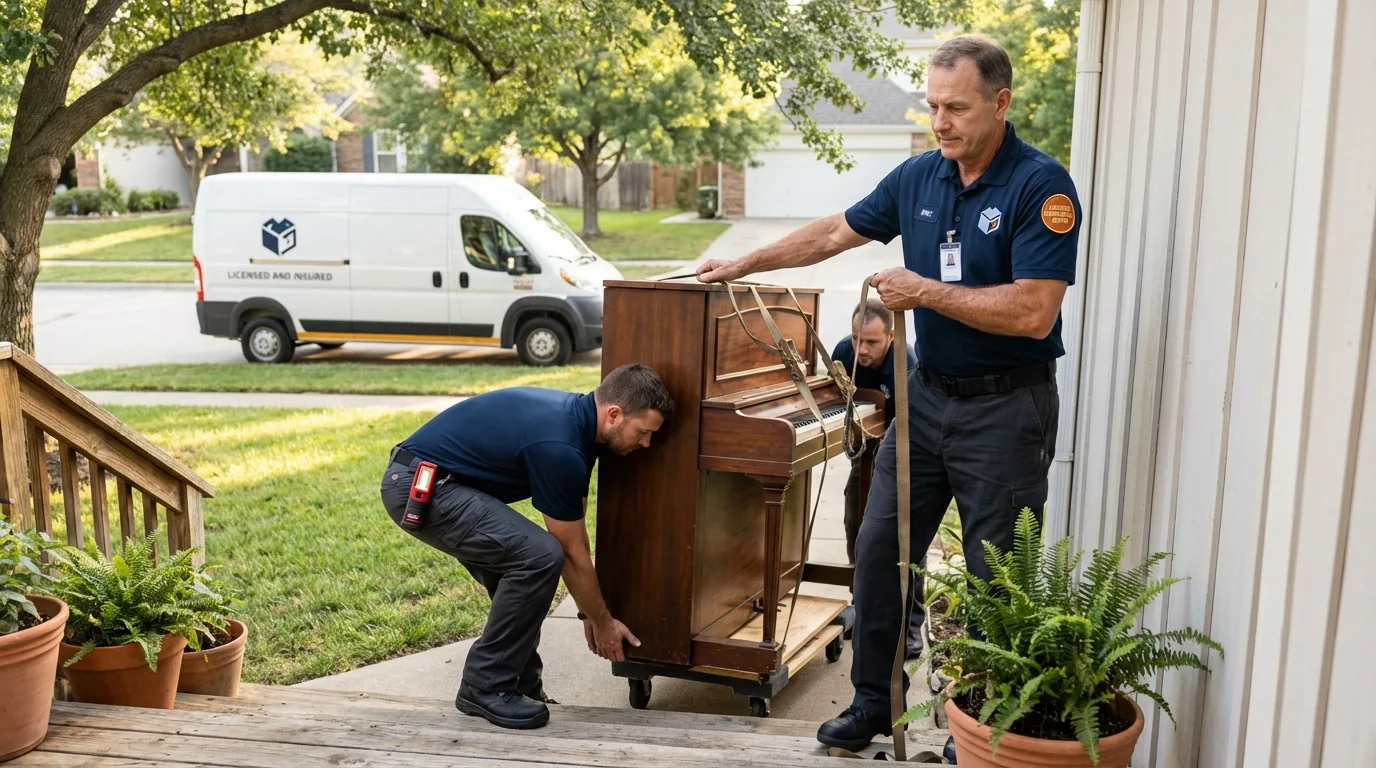 Licensed piano movers securing grand piano in Williamsburg, MA
