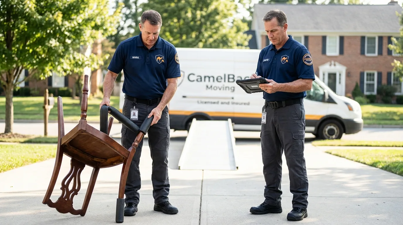 Movers inspecting furniture for damage prevention before loading in Williamsburg, MA